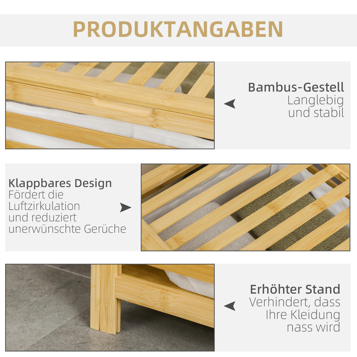 WÄSCHEKORB, Bambus, Vliesstoff Naturholz - Naturfarben, Naturmaterialien (36/60/50cm) - HOMCOM