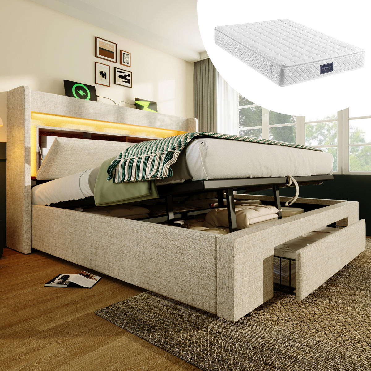 BETT mit Stauraum und LED 140x200 cm Beige mit Matratze - Beige, Metall (140/200cm) - Meubliv