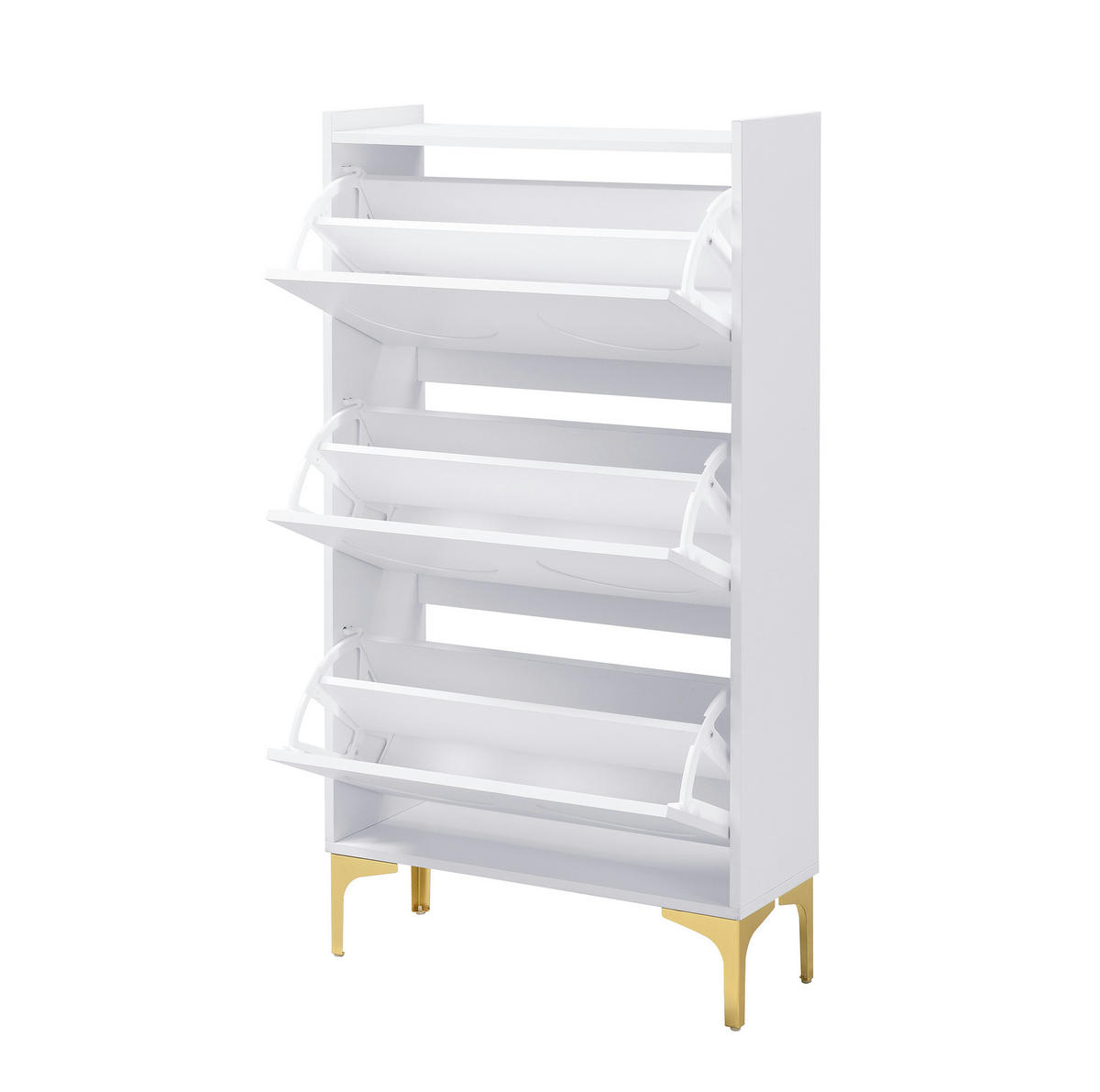 SCHUHSCHRANK 63/24/120 cm aus MDF mit 3 Klappen, staubdichtem Stauraum und goldfarbenen Metallbeinen, Weiß - Weiß, Holzwerkstoff (63/120/24cm) - Redom
