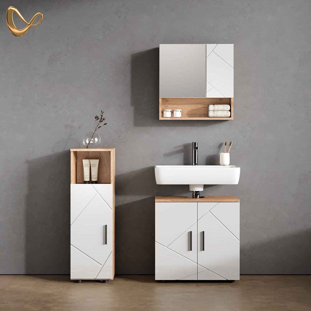 BADMÖBEL-SET Ronco Weiß Hochglanz/Goldkraft Eiche 3 Teile - Honigeiche/Weiß Hochglanz, Holzwerkstoff (60/59/30cm) - Livinity®
