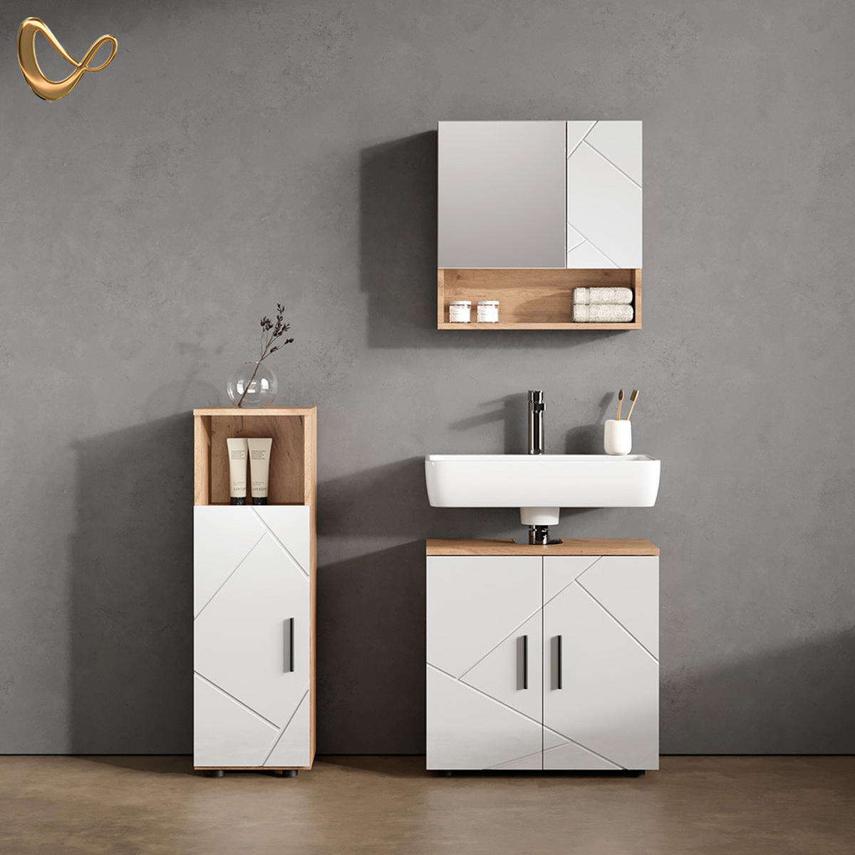BADMÖBEL-SET Ronco Weiß Hochglanz/Goldkraft Eiche 3 Teile - Weiß Hochglanz/Eiche Wotan, Holzwerkstoff (60/59/30cm) - Livinity®