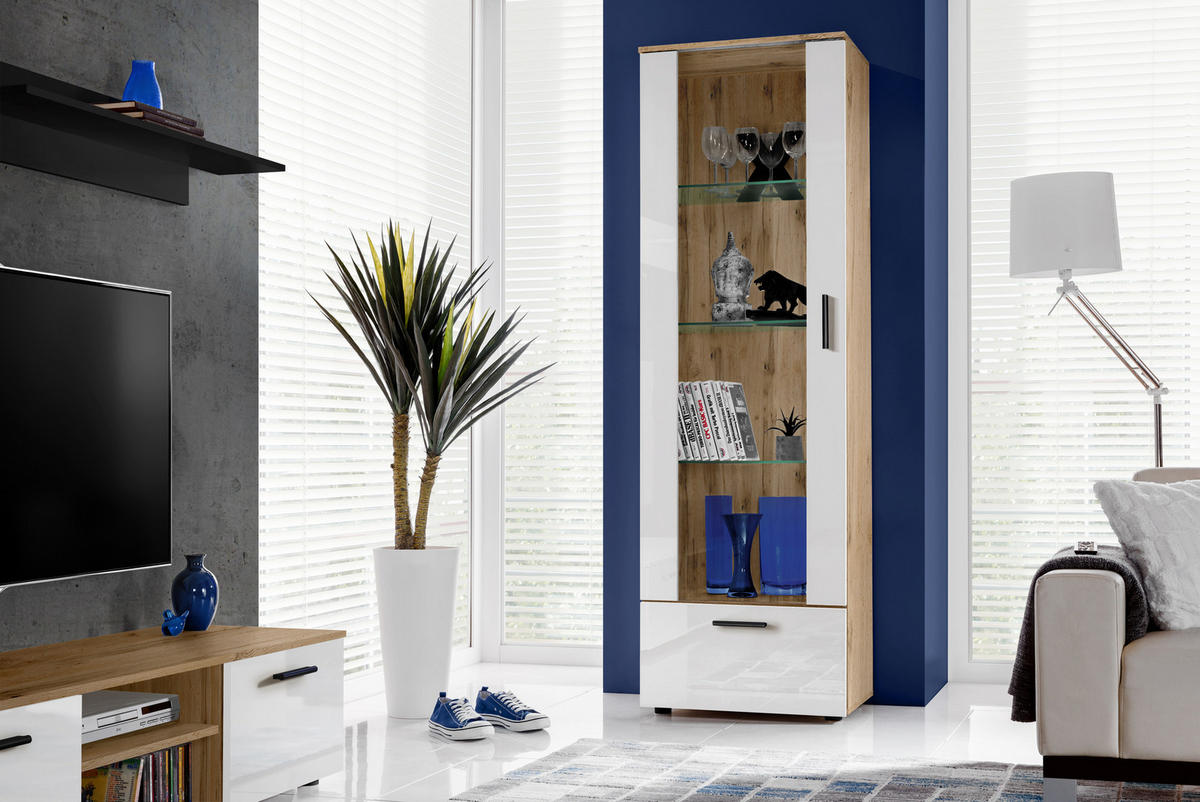 VITRINE ALESSANDRIA, Weiss - Eiche Wotan/Schwarz, Glas/Holzwerkstoff (60/192/42cm) - Komodee