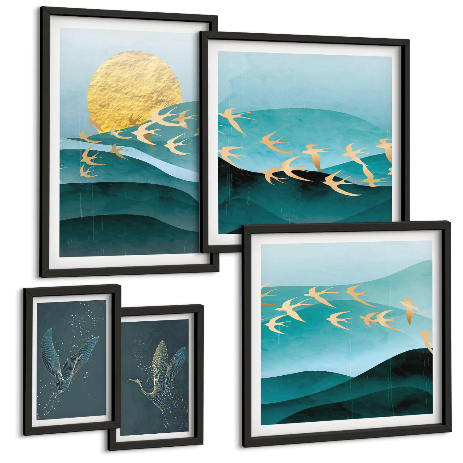 BILDER SET 5er Set - 50x50 cm & 20x30 cm & 40x60 cm Schwarzer Rahmen - Stilvolle Landschaften mit Vögeln - Schwarz, Kunststoff (40/60cm) - TULUP