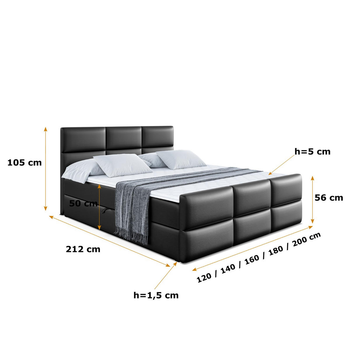 AMERICKÁ postel OHIO-Z – 180 × 200 cm – H3 – vysoce lesklá černá - vysoce lesklá černá, kompozitní dřevo (180/200cm) - ALTDECOR