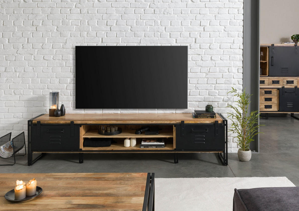 TV-BOARD Mango 240x45x55 natur klar lackiert / Metall schwarz BLACKBURN #555 - Naturfarben, Holz (45/55/240cm) - Massivmoebel24