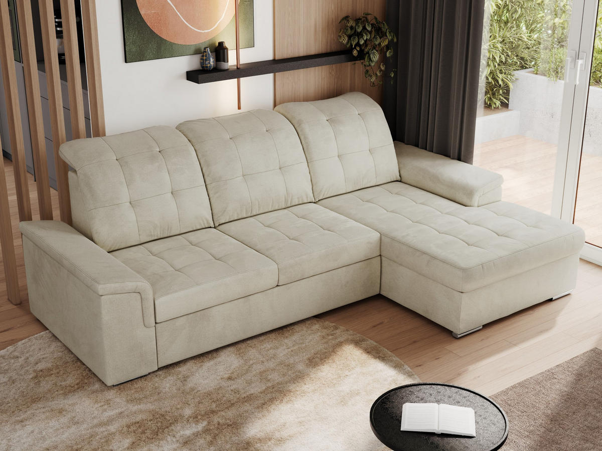 ECKSOFA MADRITO L - Beige Velorus - Rechts - Beige/Silberfarben, Textil/Metall (256/160cm)