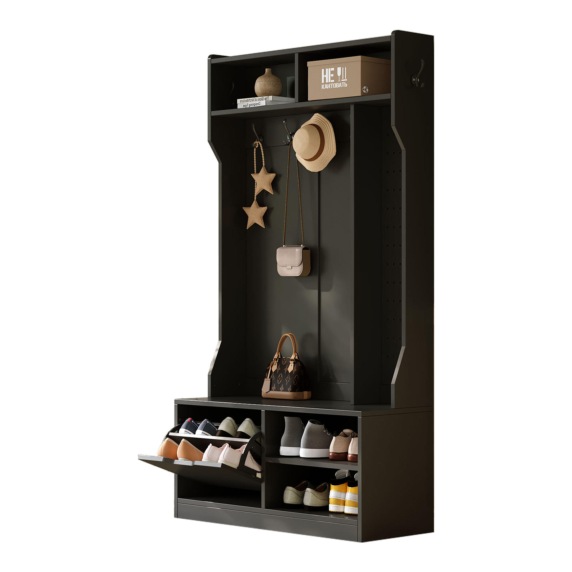 GARDEROBENSET Flurgarderobe mit Sitzbank 6 Haken Schwarz 100x40x185.5cm - Schwarz, Holzwerkstoff (185.4/40/100cm) - FLIEKS