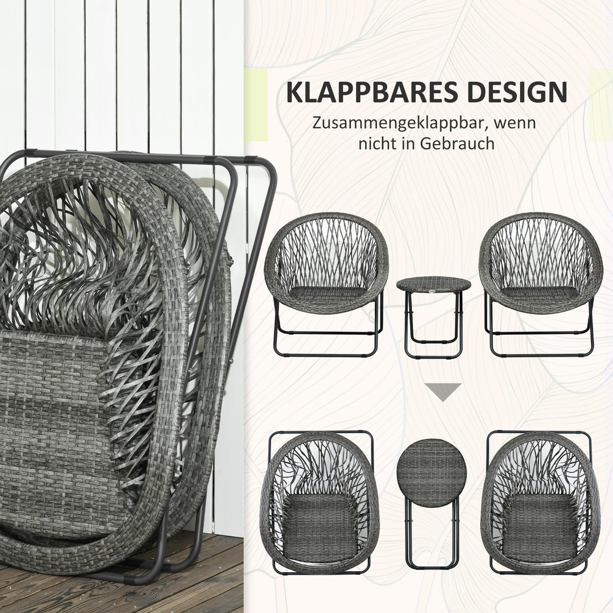 GARTENMÖBEL-SET mit 2 Stühle und 1 Tisch klappbar Rattanoptik Grau 76.0/77.0/78.0 cm - Grau, Metall (77/78/76cm)