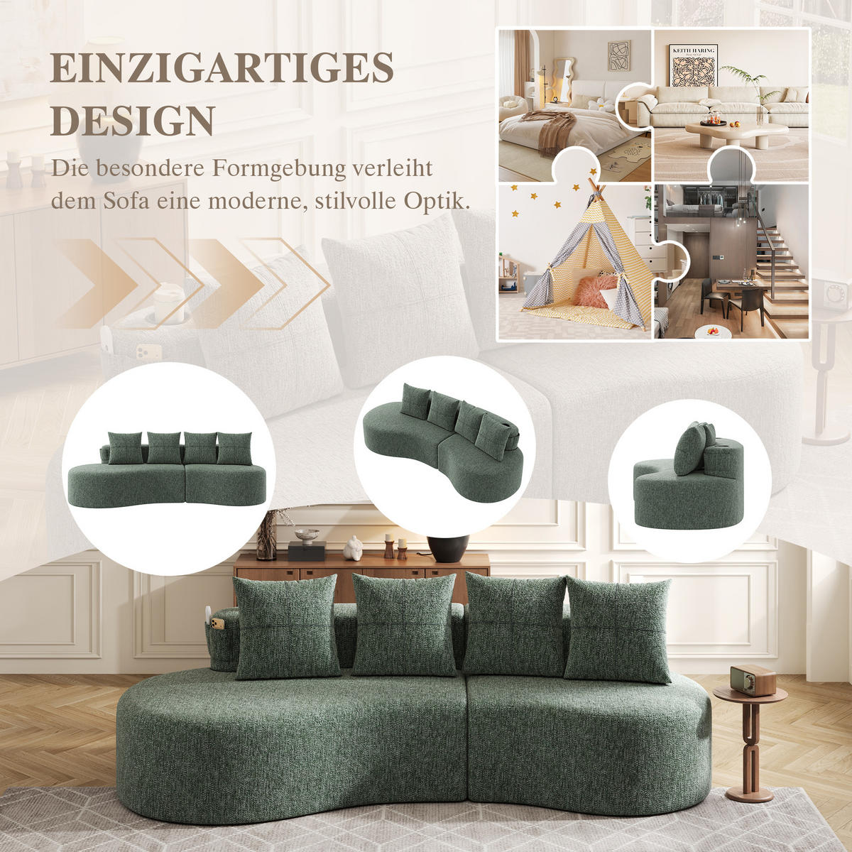 3-SITZER SOFA leinenstoff farbwahl mit getränkehalter & seitentaschen - Grün, Textil (240/63/109cm) - Urban Meuble