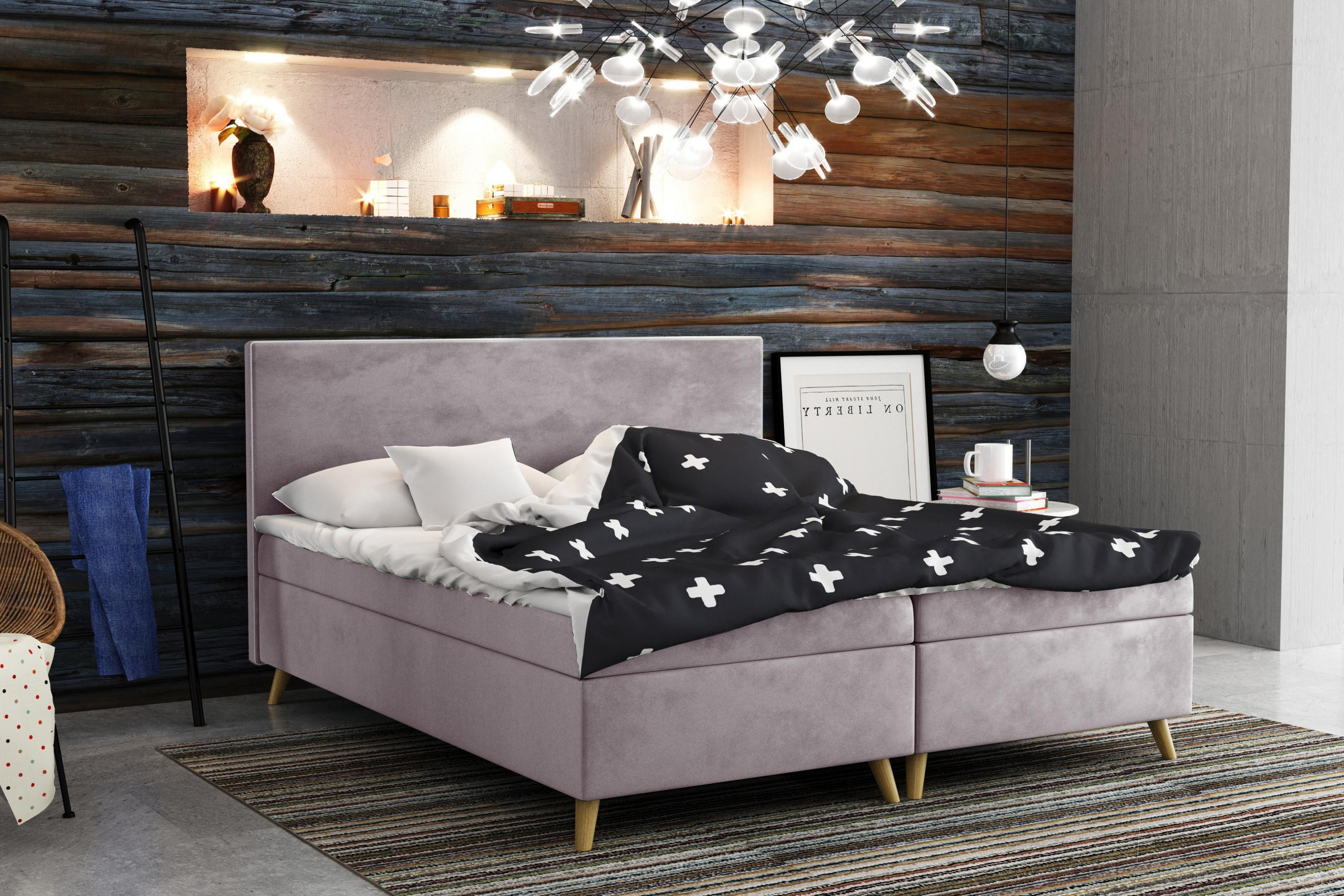 BOXBETT Mit Bettkasten Matratze + Topper BELLA Stoff Riviera Lila 200x200 cm H3-Bonell - Lila, Holz (200/200cm) - Kaiser Möbel