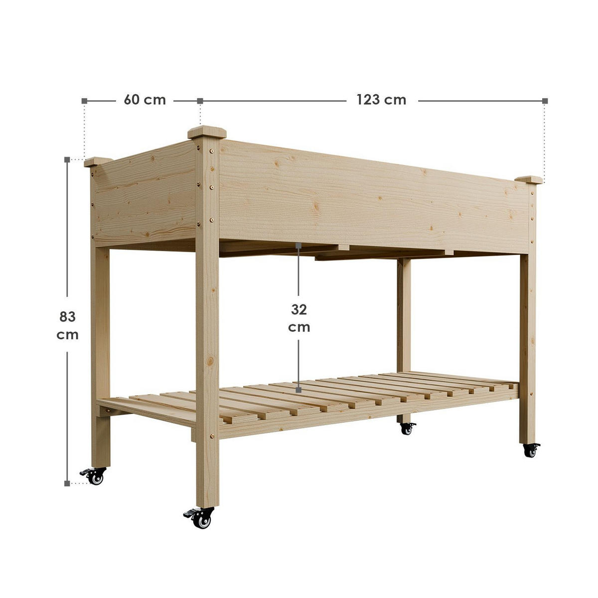 HOCHBEET Freya 123/60/83 cm Holz mit Räder - Naturfarben, Holz (123/83/60cm) - Juskys