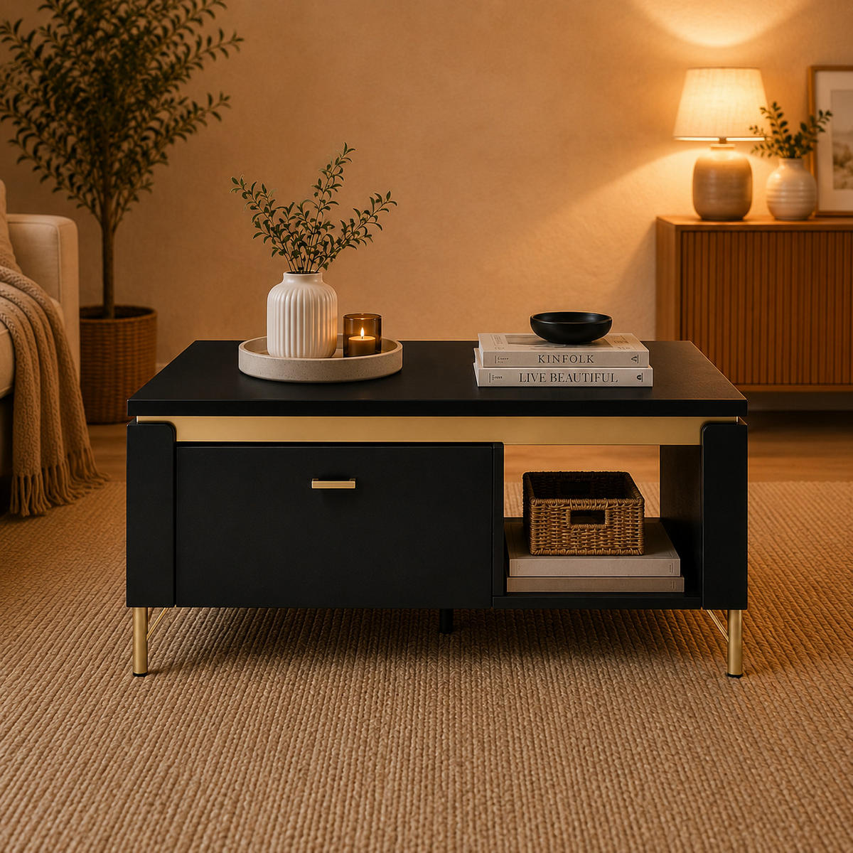 COUCHTISCH rechteckig Schwarz matt - Gold mit Staufach und Ablage - Goldfarben/Schwarz, Holzwerkstoff (65/110.04/46cm) - designimpex