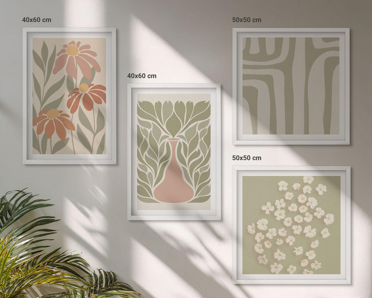 WANDBILDER 4er-Set - 50x50 cm & 40x60 cm Weißer Rahmen - Floraler minimalistischer Boho-Stil - Weiß, Kunststoff (50/50cm) - ArtPrintCave