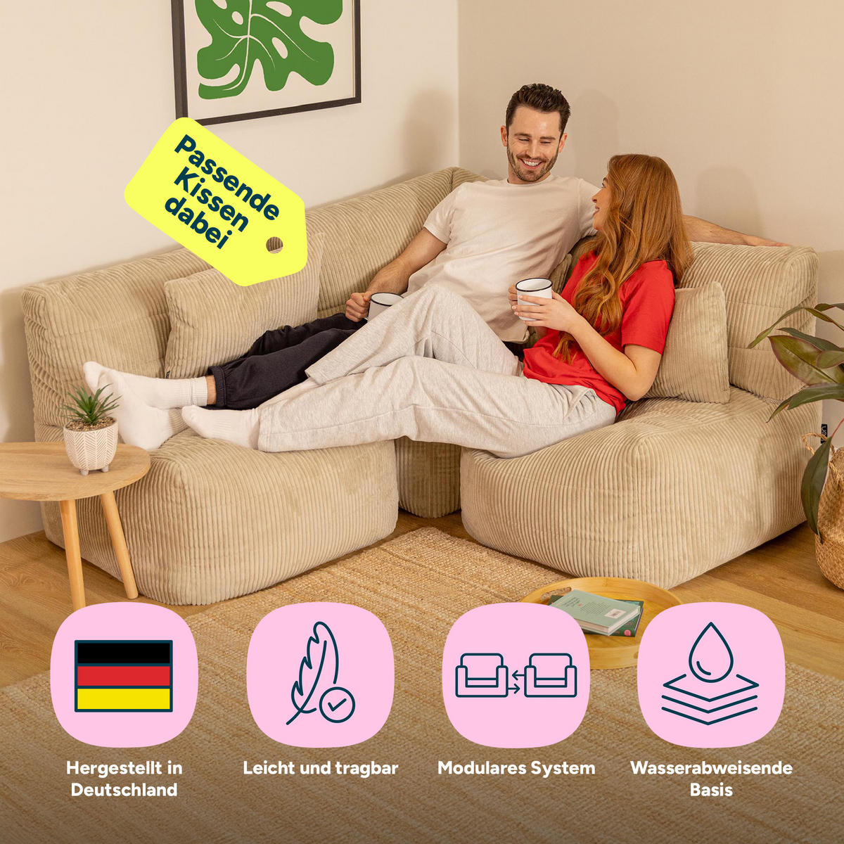 SITZSACK-SOFA 3-tlg. modular cord Noa - Beige, Textil (228/70/78cm) - icon