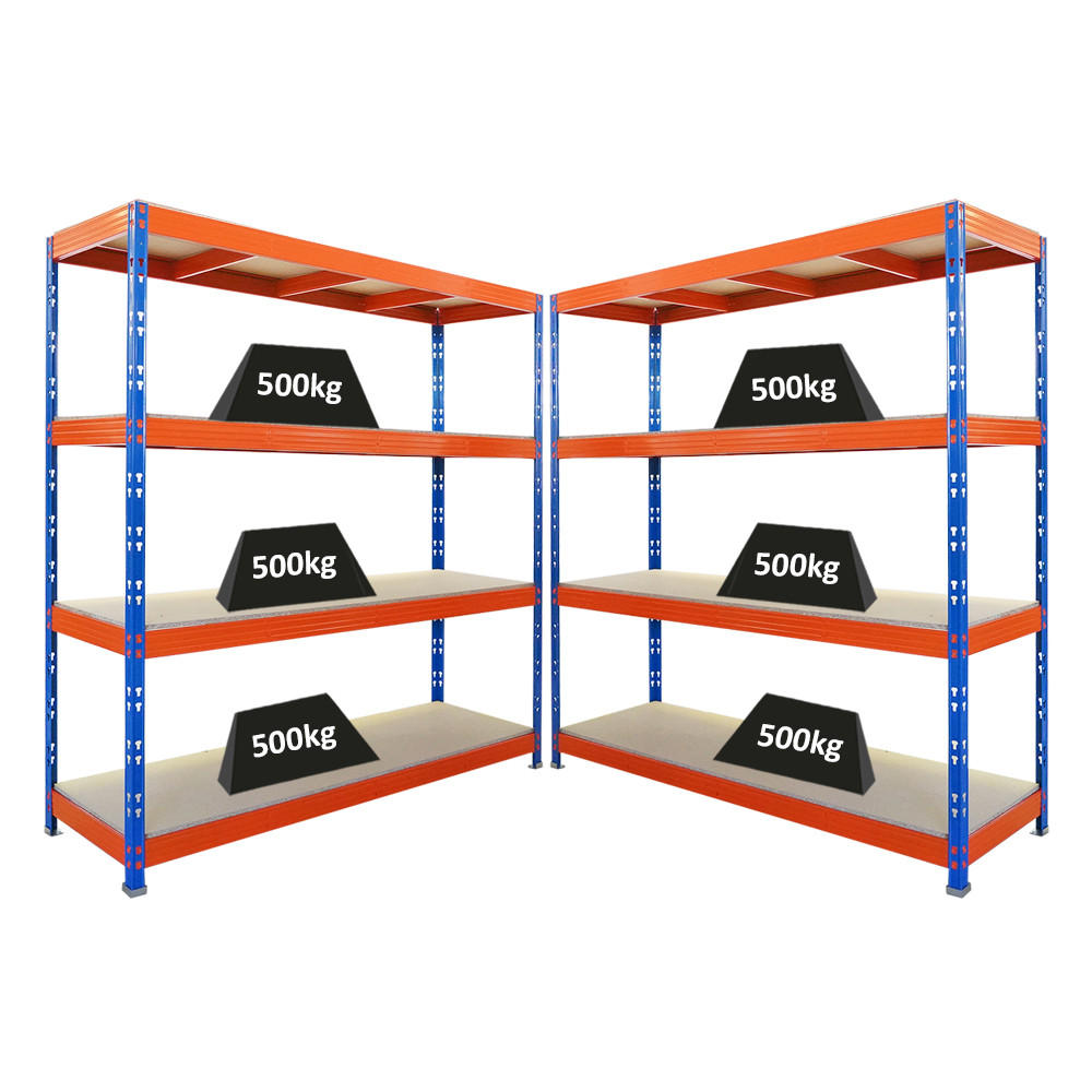 SCHWERLASTREGAL Rhino 2er-Set 200x200x60 cm 4 Spanplatten-Ebenen 16mm Fachlast 500 kg Blau/Orange - Blau/Orange, Metall (400/200/60cm) - PROREGAL