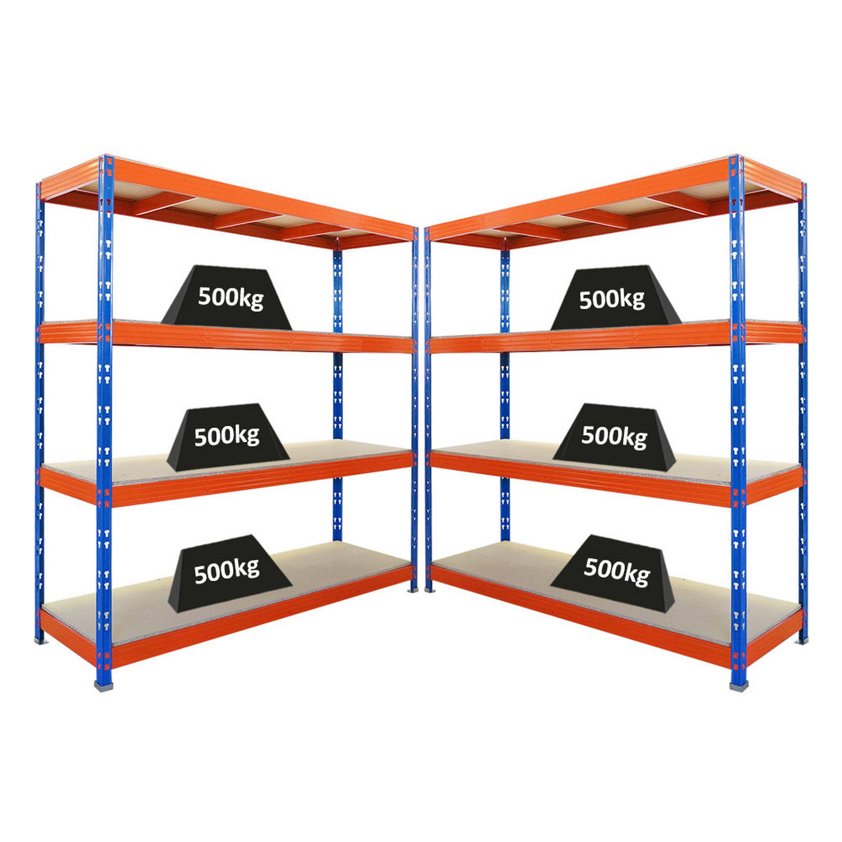 SCHWERLASTREGAL Rhino 2er-Set 200x200x60 cm 4 Spanplatten-Ebenen 16mm Fachlast 500 kg Blau/Orange - Blau/Orange, Metall (400/200/60cm) - PROREGAL