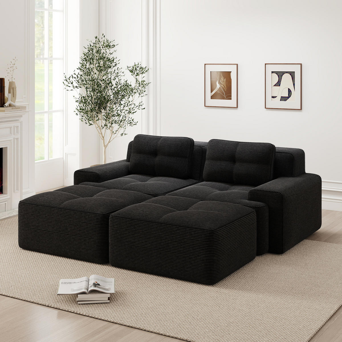 2-SITZER Sofa mit 74 cm Tiefsitz, bodennahes Design, Cordbezug und montagefrei, Schwarz - Schwarz, Textil (204/69/177cm) - Redom