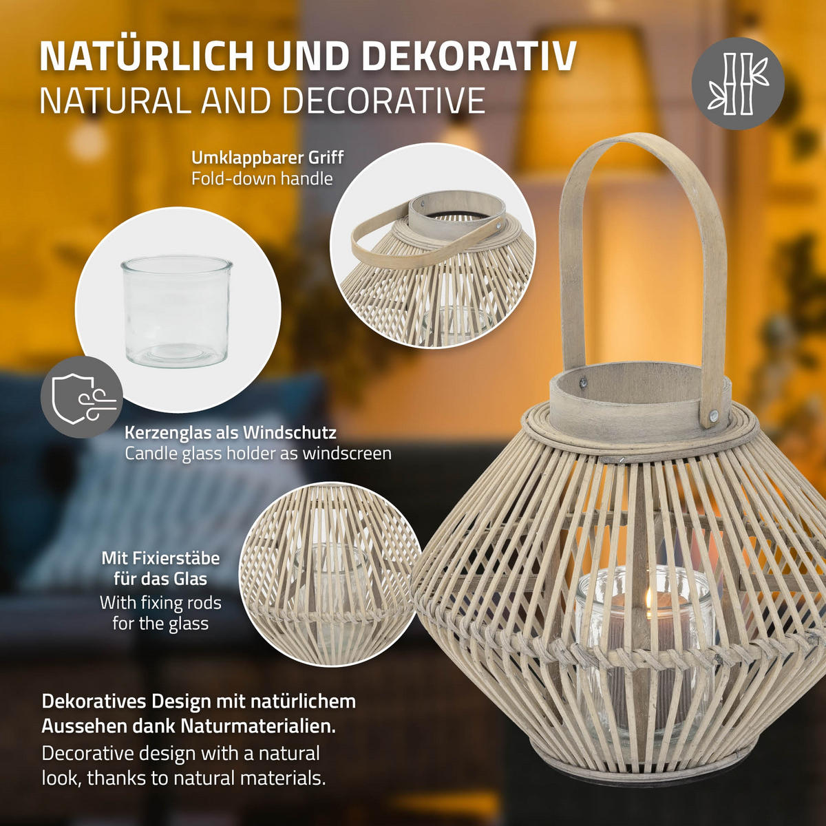 BAMBUSOVÁ LUCERNA V: 42 cm, barva dřeva, styl boho - přírodní, dřevo (31/42/31cm) - ECD-Germany