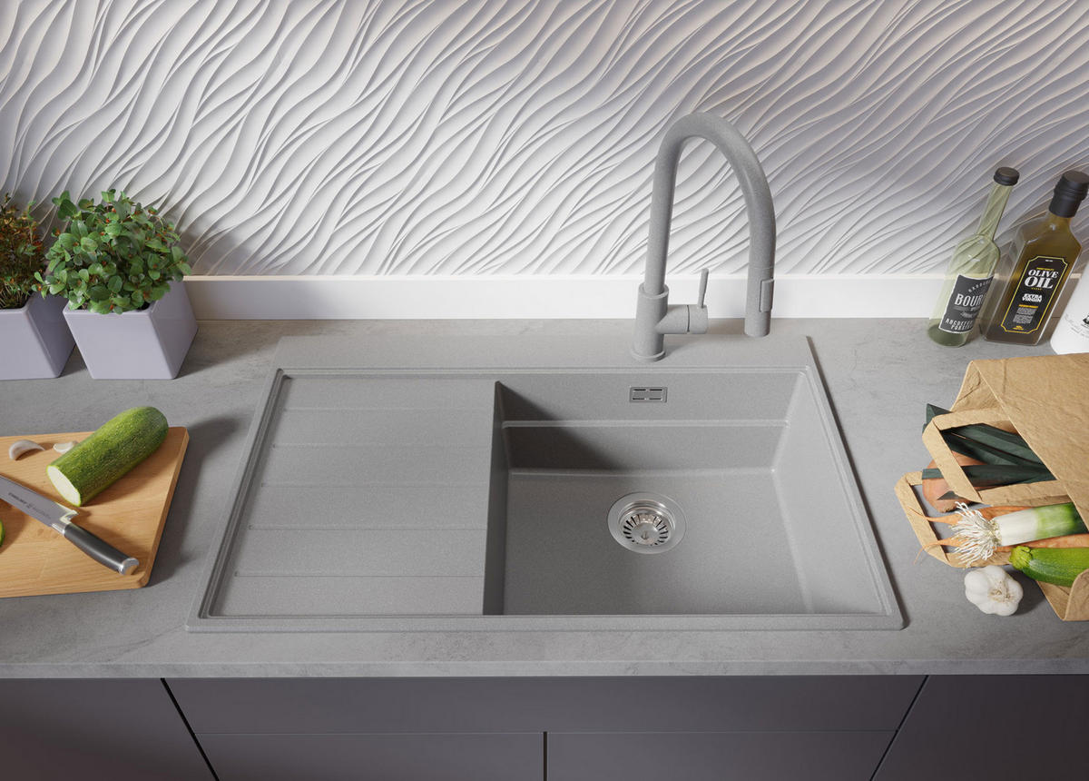 SPÜLBECKEN Sydney, 2-er set Grau 78/50 cm 1 Becken + Ablauf-Set + Küchenzubehörset ab 50er Unterschrank - Chromfarben/Beige, Kunststoff (78/20/50cm) - Primagran