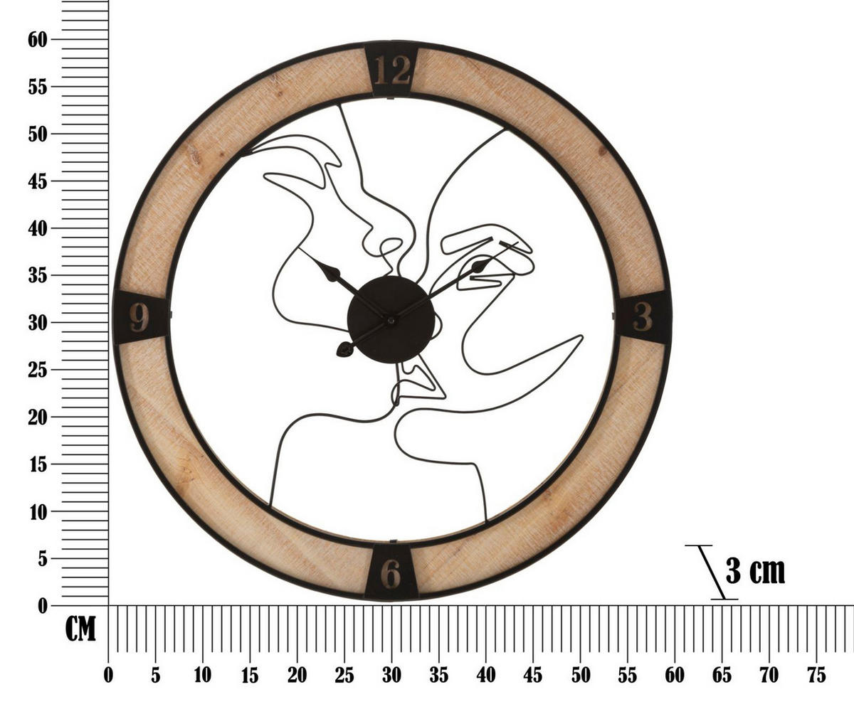 WANDUHR Couple, schwarz und naturfarben, Eisen und Holz, 60 x 3 x 60 cm - Schwarz/Braun, Holz/Metall (60/60/3cm) - Mauro Ferretti
