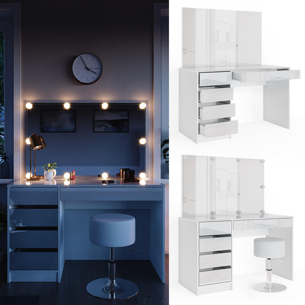 SCHMINKTISCH Sherry Weiß 120 cm mit LED Beleuchtung und Hocker - Weiß, Holzwerkstoff (55/75/120cm) - Vicco