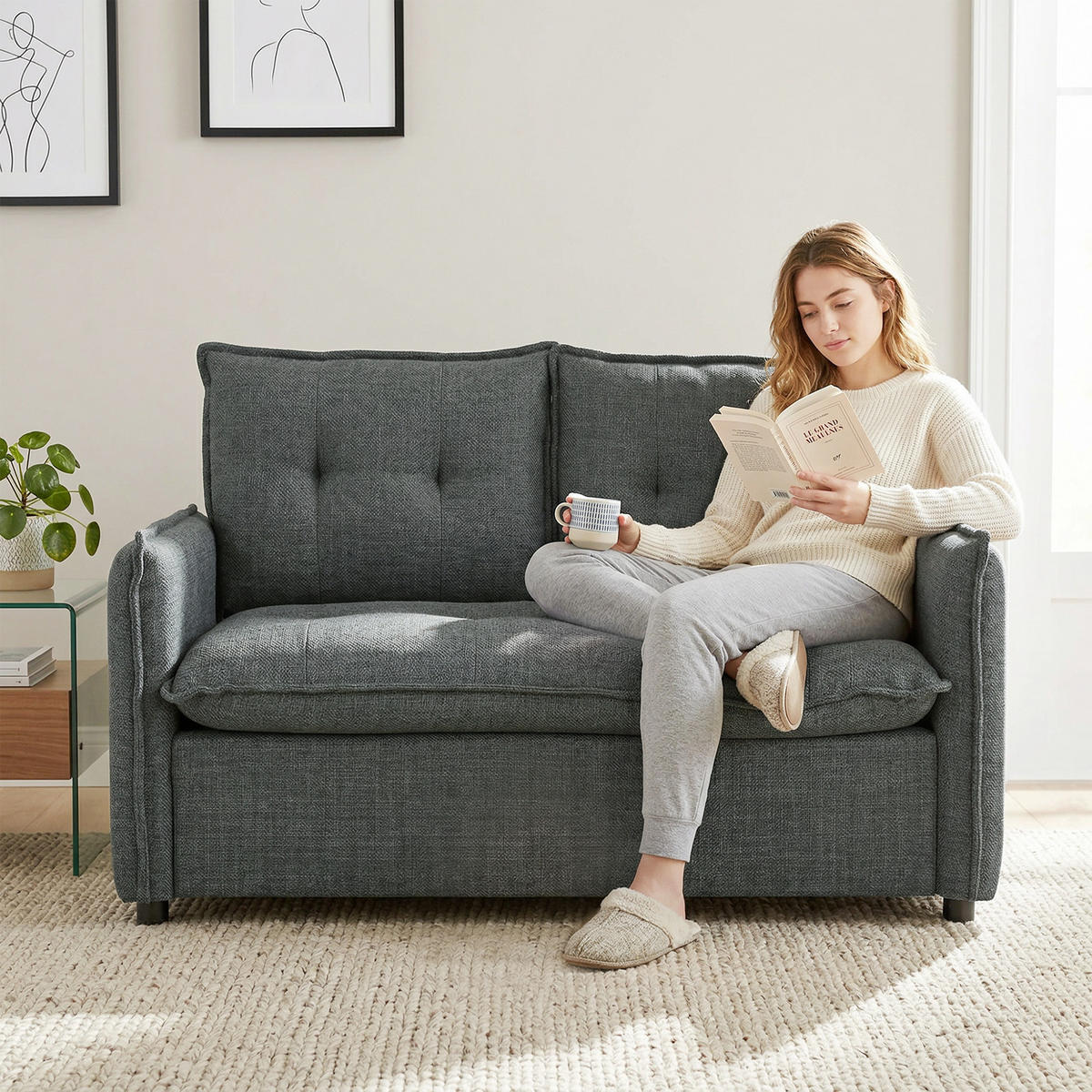 2-SITZER-SOFA DE-13522 mit Federkern, Leinenoptik Dunkelgrau - Dunkelgrau, Textil (75/85/131cm) - ComfortXL