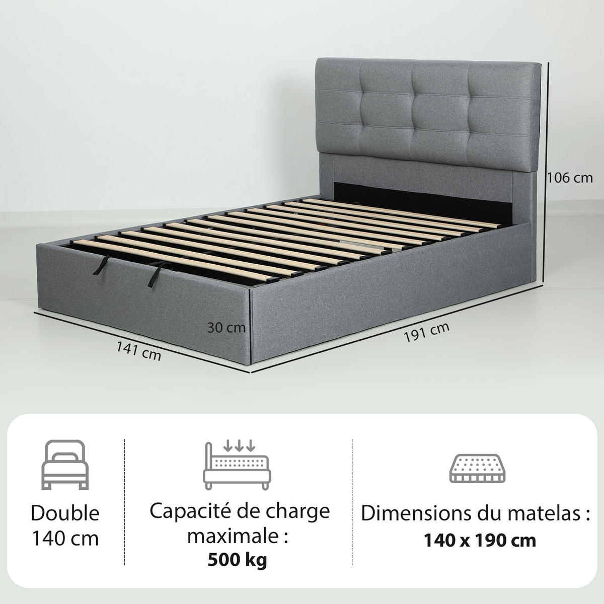 BETT 140x190 cm DE-14637 mit Lift-Stauraum und gepolstertem Kopfteil Grau - Grau, Textil (140/190cm) - ComfortXL