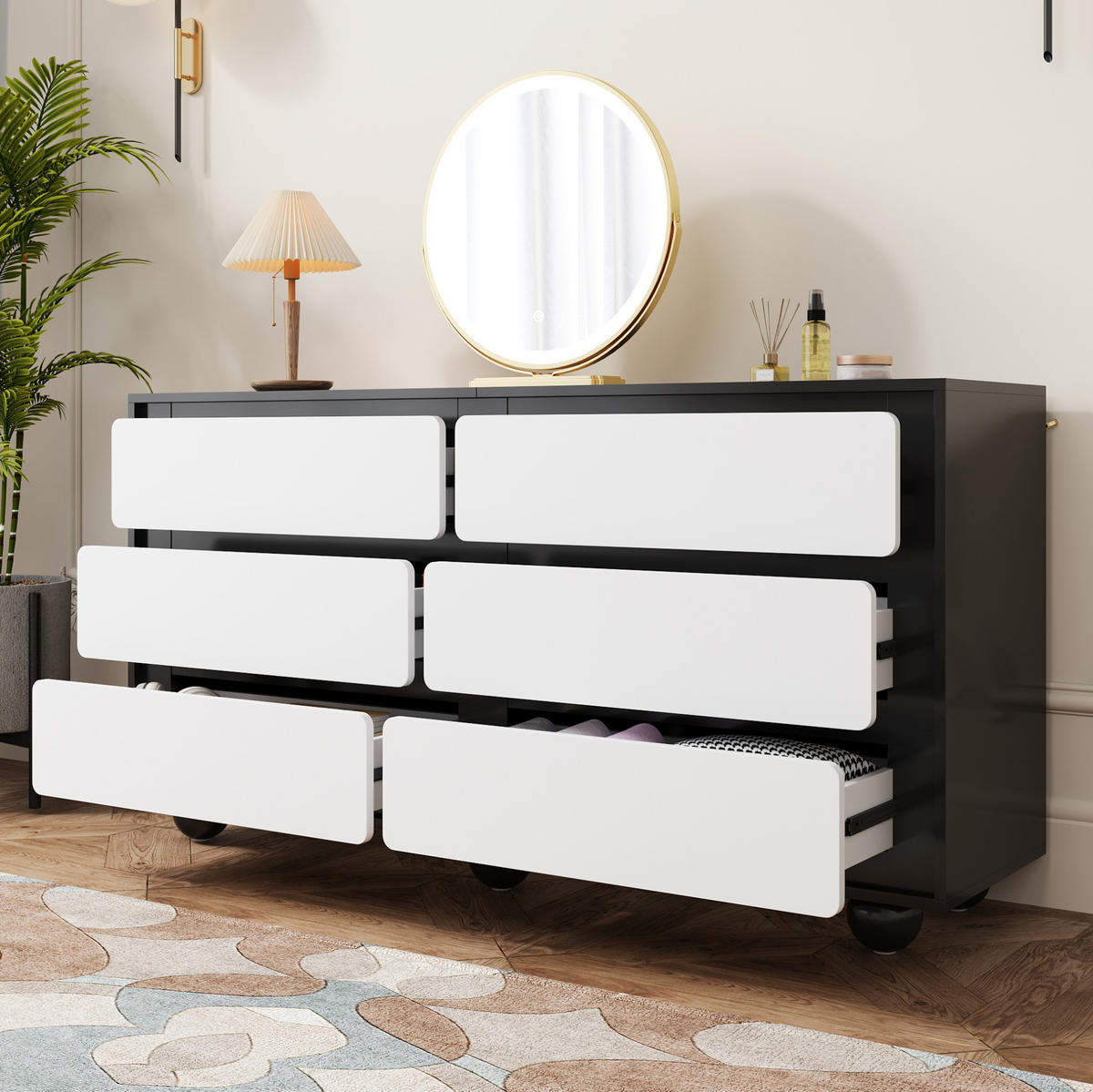 KOMMODE aus Spanplatte 140x38x74,5cm in Schwarz mit 6 Schubladen - Schwarz, Holzwerkstoff (140/74.5/38cm) - Modfu