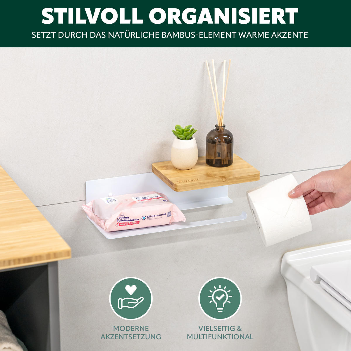 TOILETTENPAPIERHALTER VARAZ mit 2 Ablagen, Metall und Bambus - Weiß, Metall (31.5/9.5/13cm) - eluno