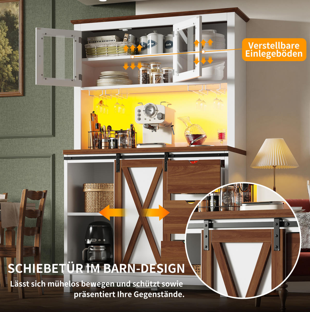 BUFFET 104/180/40 cm Weiß aus MDF, Metall und Glas mit LED-Beleuchtung - Weiß, Glas (40/180/104cm) - OKMYHOME