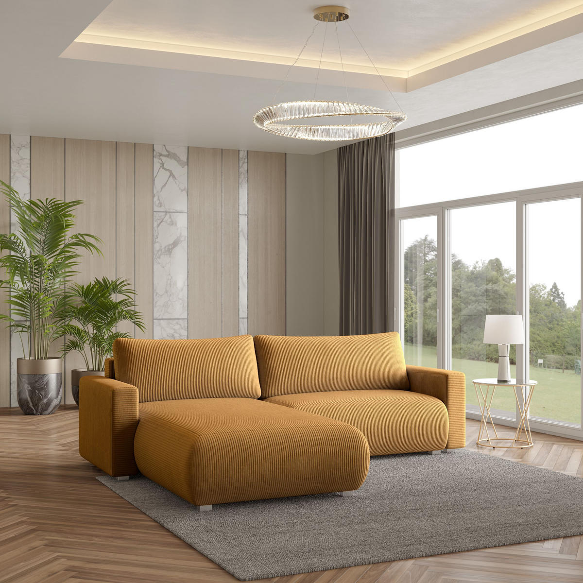 ECKSOFA TURIN P Gelb Kordstoff mit Schlaffunktion - Gelb, Holz (265/183cm) - MASSENO
