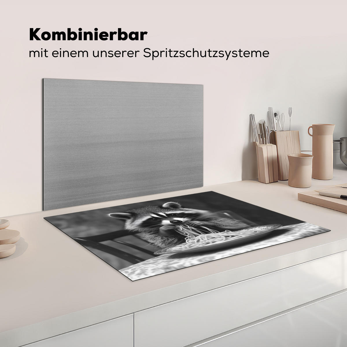 HERDABDECKPLATTE Waschbär - Niedlich - Pasta - Tischtuch - Schwarz - Weiß Herdabdeckung Induktionsfeld 75x52 cm - Grau, Kunststoff (75/52/0.2cm) - MuchoWow