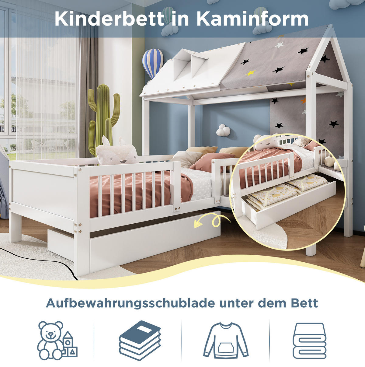 KINDEREINZELBETTEN aus Massivholz 90x200 cm in Weiß mit Schubladen - Weiß, Holz (90/200cm) - Modfu