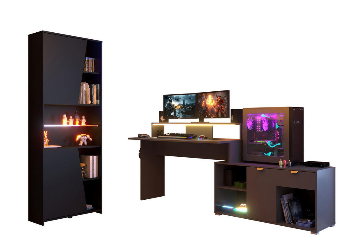 GAMING Schreibtisch Parisot Work 2-tlg. Holznachbildung Grau/Schwarz - Schwarz/Grau, Kunststoff (200/100/95cm) - 58aufmkessel