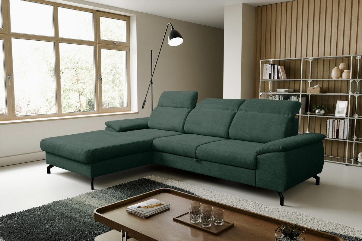 ECKSOFA MALIBU mit Schlaffunktion und Bettkasten, Farbe: Grün, Velourstoff, Ottomane Rechts - Grün, Textil (276/184cm) - VENASI MÖBEL