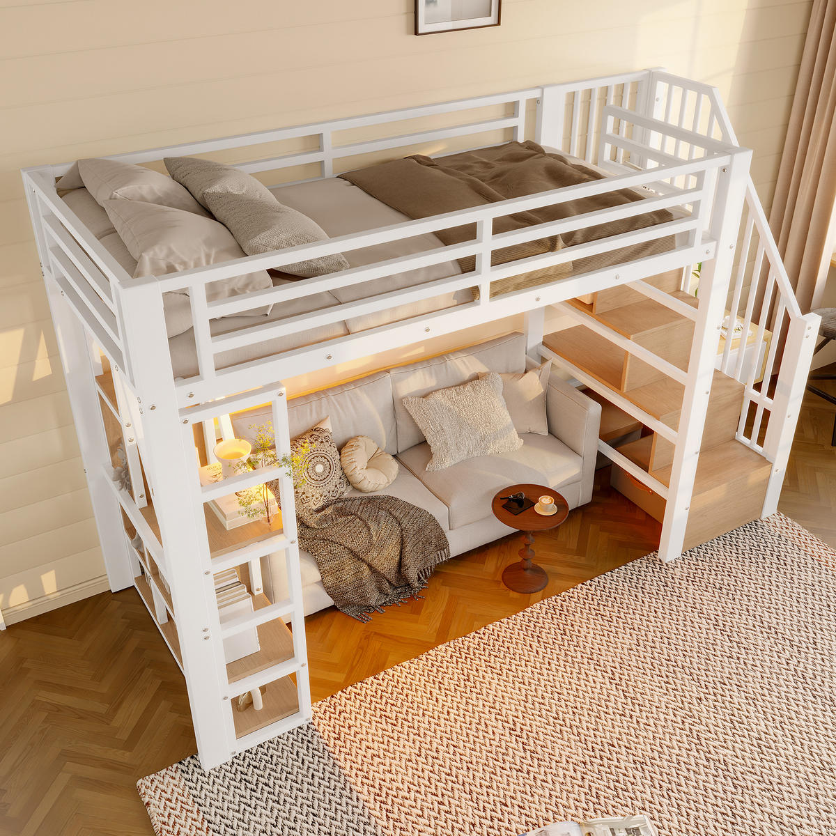 HOCHBETT 90x200cm Weiß Metall LED-Licht offener Stauraum - Weiß, Holz (90/200cm) - FLIEKS