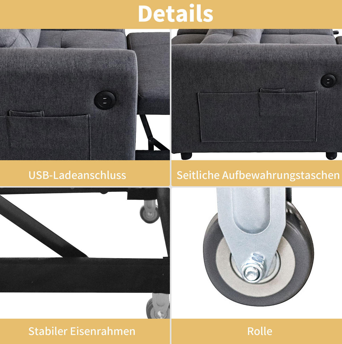 SCHLAFSOFA 142/85/83 cm in Grau – 3-in-1 ausziehbar mit USB und verstellbarer Rückenlehne - Grau, Textil (85/83/142cm) - BEAOK