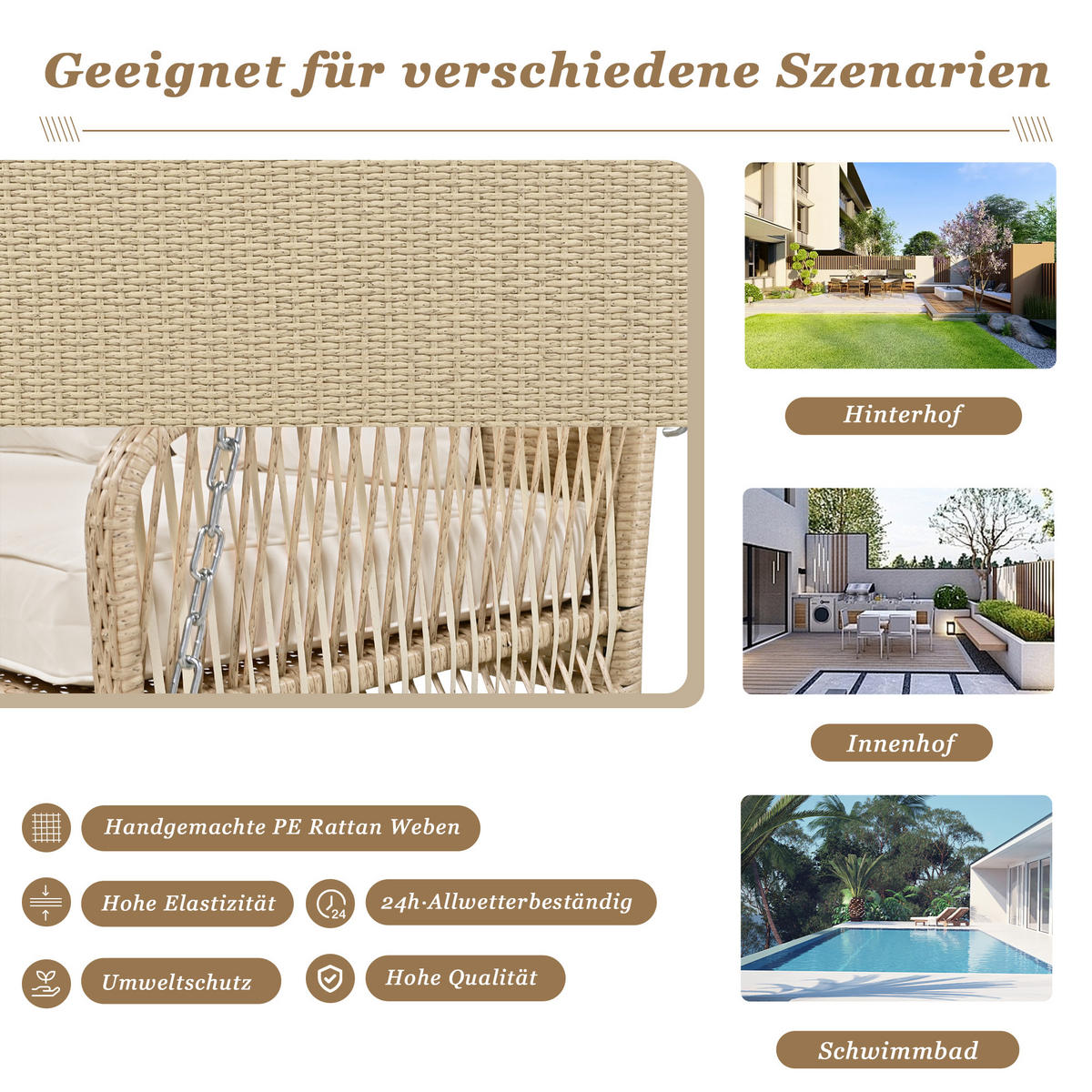HOLLYWOODSCHAUKELL 2-Sitzer Beiges Rattan Mit Waschbaren Kissen - Beige, Naturmaterialien (54/53/114cm) - FLIEKS