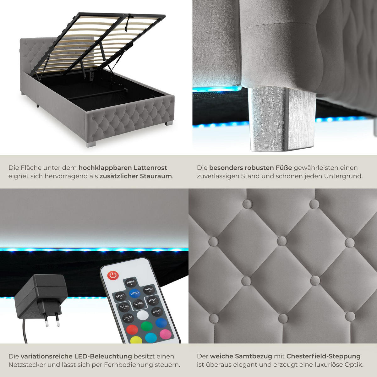 POLSTERBETT Sedona, großer Stauraum, dunkelgrau - Dunkelgrau, Holz (120/200cm) - tectake