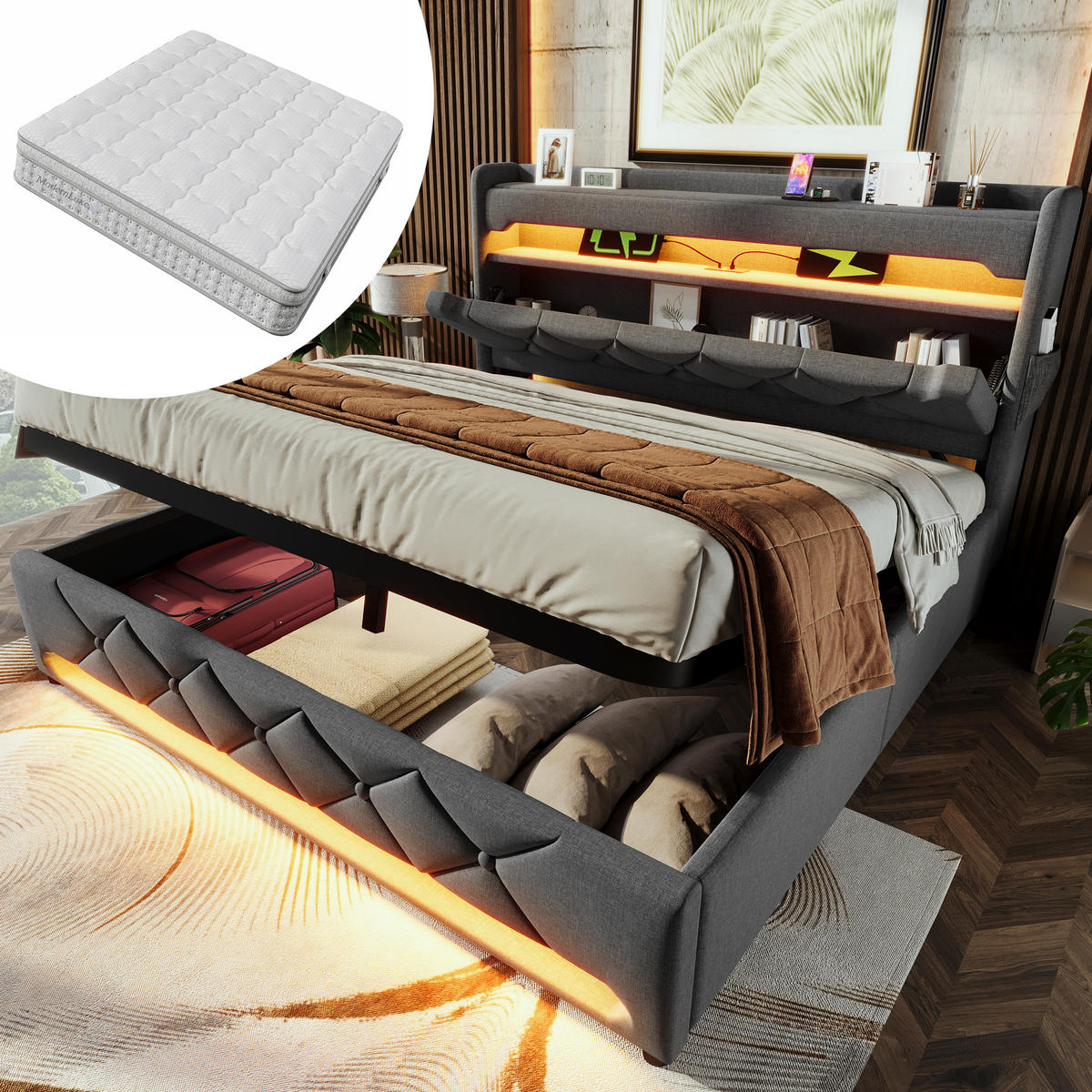 STAURAUMBETT 180/200 cm DE-32542 mit LED und Matratze Grau - Grau, Metall (180/200cm) - ComfortXL
