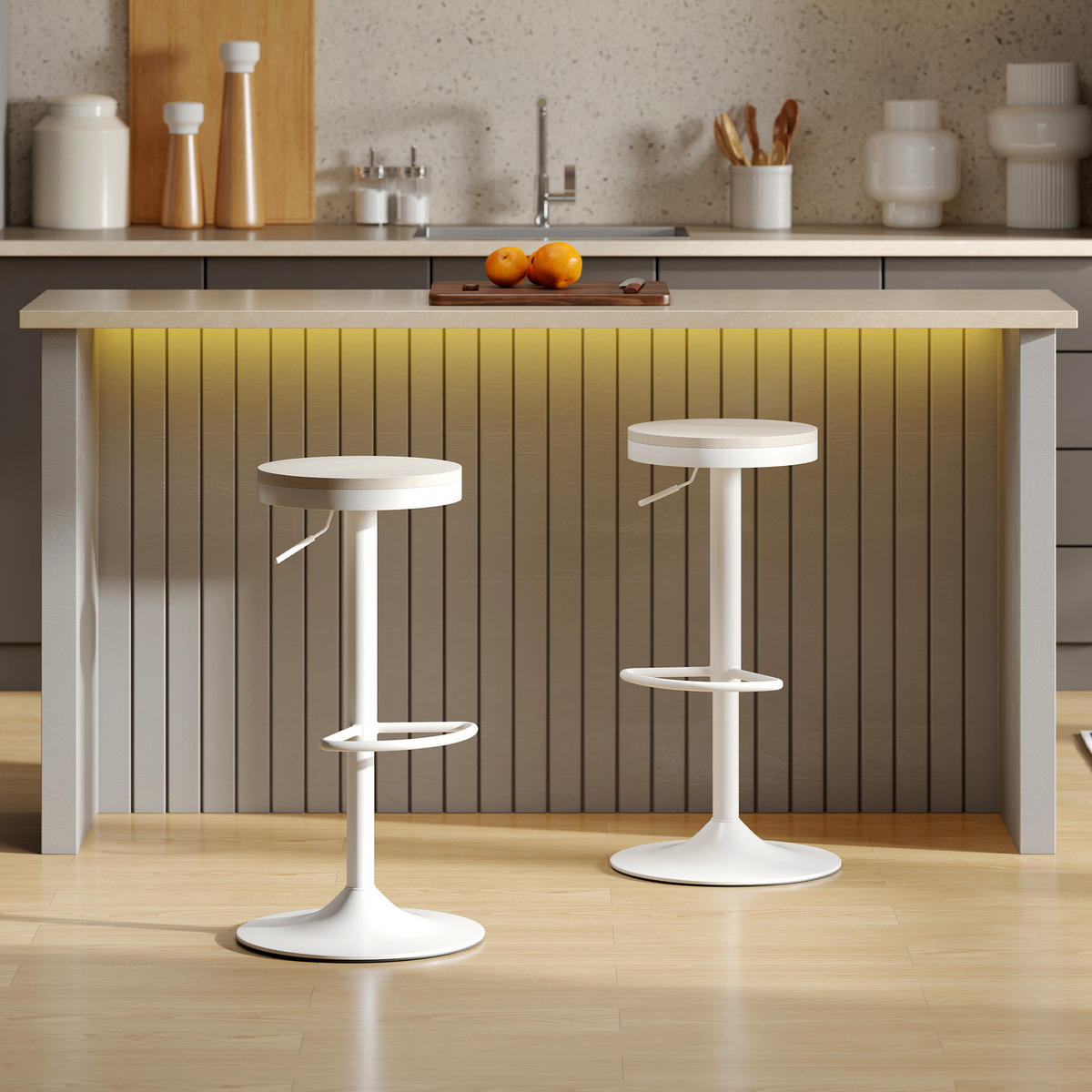 BARHOCKER 2er-Set DE-14768 höhenverstellbar & schwenkbar mit Gummibaumholz Weiß - Weiß, Metall (38.5/80/38.5cm) - ComfortXL