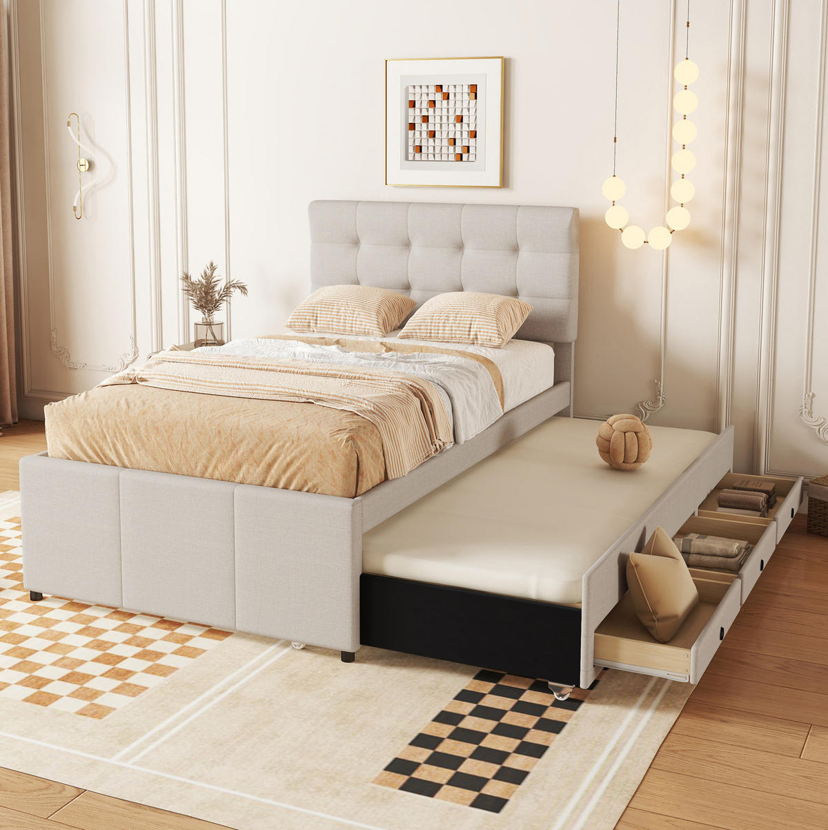 BETT mit Ausziehbett und 3 Schubladen 90x200 cm Leinen Beige - Beige, Holz (90/200cm) - Meubliv