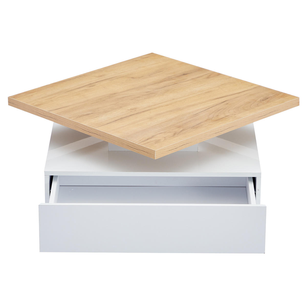 COUCHTISCH aus Spanplatte 70x70x36 cm Weiß/Walnuss mit 360° drehbarer Tischplatte, Schublade und offenem Stauraum - Weiß, Holzwerkstoff (70/70/36cm) - Modfu