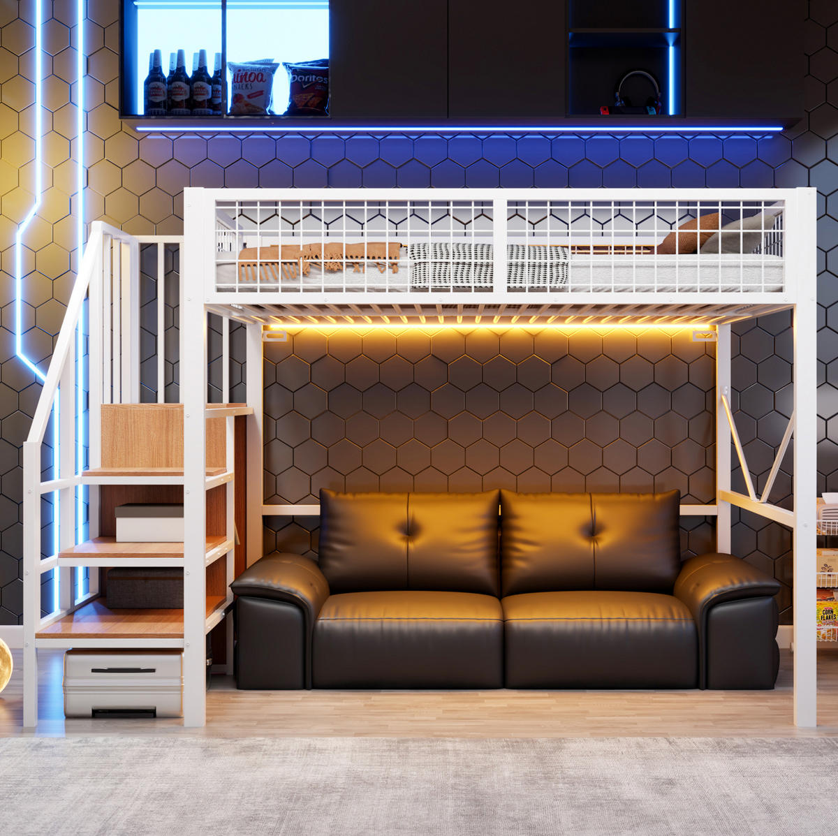 HOCHBETT aus Metall und Holz 140x200 cm Weiß mit Stauraumleiter, Kleiderstange und LED-Beleuchtung - Weiß, Metall (140/200cm) - Modfu