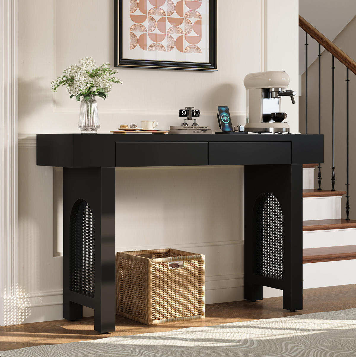 KONZOLOVÝ stolek z MDF 120x35,5x76,5 cm černý se 2 zásuvkami, USB, Type-C a nastavitelnými nožkami - černá, kompozitní dřevo (35.5/120/76.5cm) - Modfu