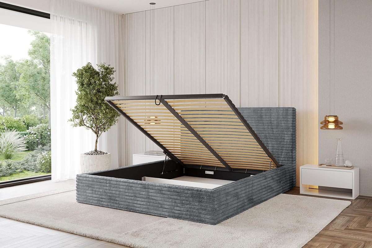 POLSTERBETT mit Bettkasten und Lattenrost, Bett mit Matratze H3/H4 - ALOVA - Dunkelgrau, Holzwerkstoff/Textil (180/200cm) - ALTDECOR