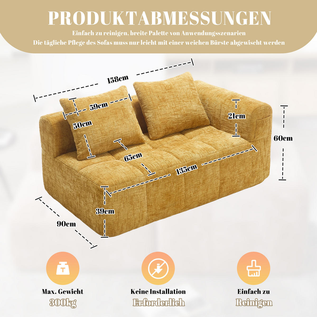 2-SITZER Sofa Chenille mit Chaiselongue und Seitentaschen 158/90/60 cm Gelb - Gelb, Textil (60/158/90cm) - Redom