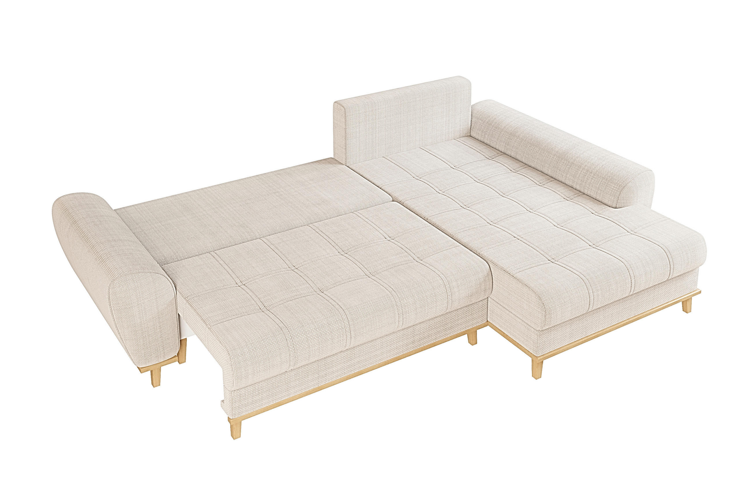 ECKSOFA im Scandi-Stil, Schlaffunktion, Bettkasten B268/T175/H86 cm, Ottomane rechts, Liegefl. 128x209 cm, Bouclé Chenille Stoff in Beige / 21013 - Eichefarben/Beige, Holz/Textil (268/175cm) - luma-home
