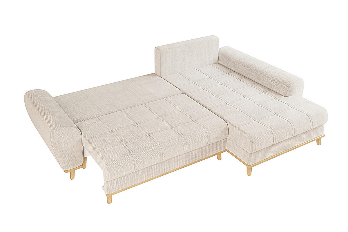 ECKSOFA im Scandi-Stil, Schlaffunktion, Bettkasten B268/T175/H86 cm, Ottomane rechts, Liegefl. 128x209 cm, Bouclé Chenille Stoff in Beige / 21013 - Eichefarben/Beige, Holz/Textil (268/175cm) - luma-home