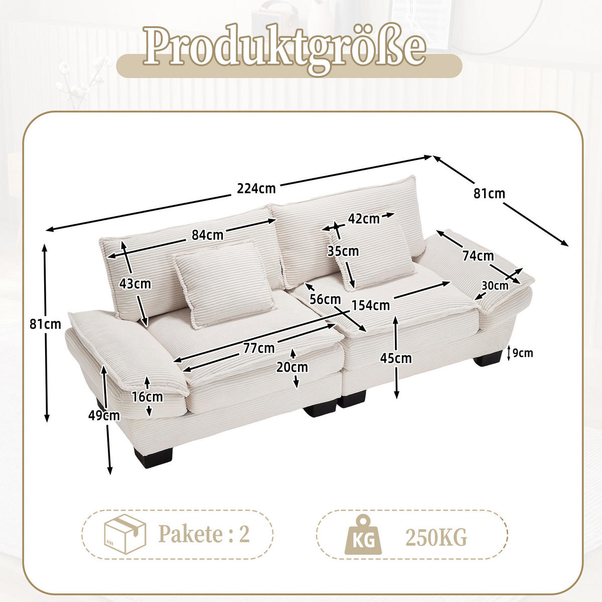 POHOVKA zo zamatu, 224/81/81 cm béžová, s hlbokým sedákom a 2 vankúšmi - béžová, textil (224/81/81cm) - BEAOK